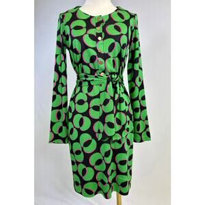Diane Von Furstenberg Green Pink Geometric 100% Silk Long Sleeve Mini Dress Sz 2